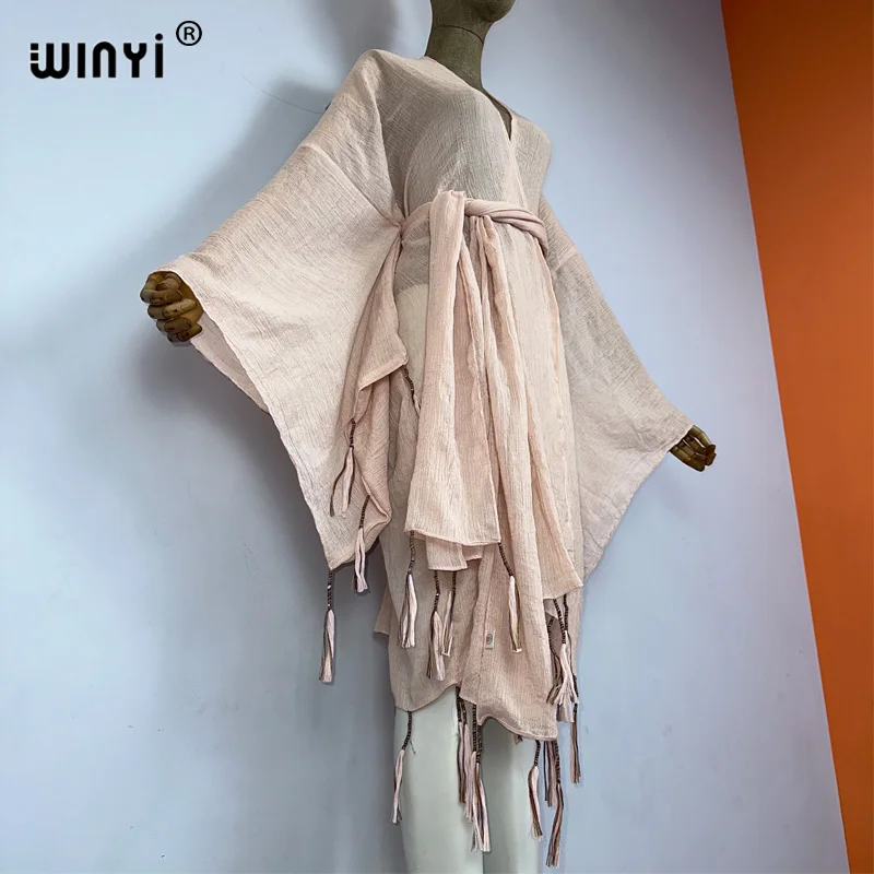 WINYI kimono Africa płaszcz z paskiem moda kaftans okrycie plażowe-up z frędzlami monochromatyczny kardigan stroje plażowe dla kobiet vestidos