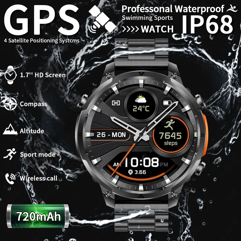 

LIGE мужские умные часы 1,7 дюйма с большим экраном GPS уличный спортивный фитнес-трекер монитор IP68 водонепроницаемые Bluetooth умные часы с вызовом