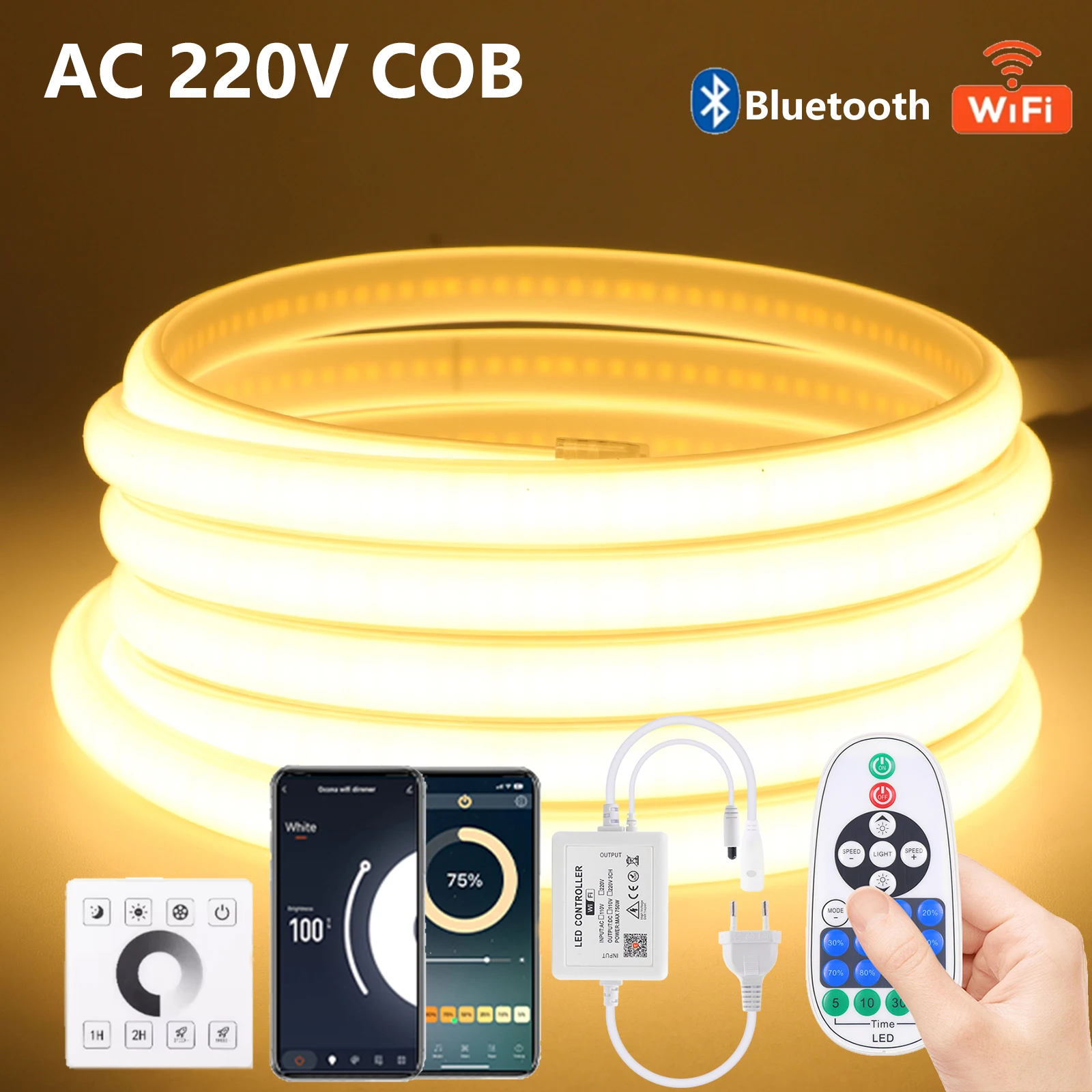 

220 В светодиодная лента COB с регулируемой яркостью, WIFI, Bluetooth, настенный сенсорный пульт дистанционного управления, 288 светодиодов/м, гибкая лента, водонепроницаемая лампа для дома