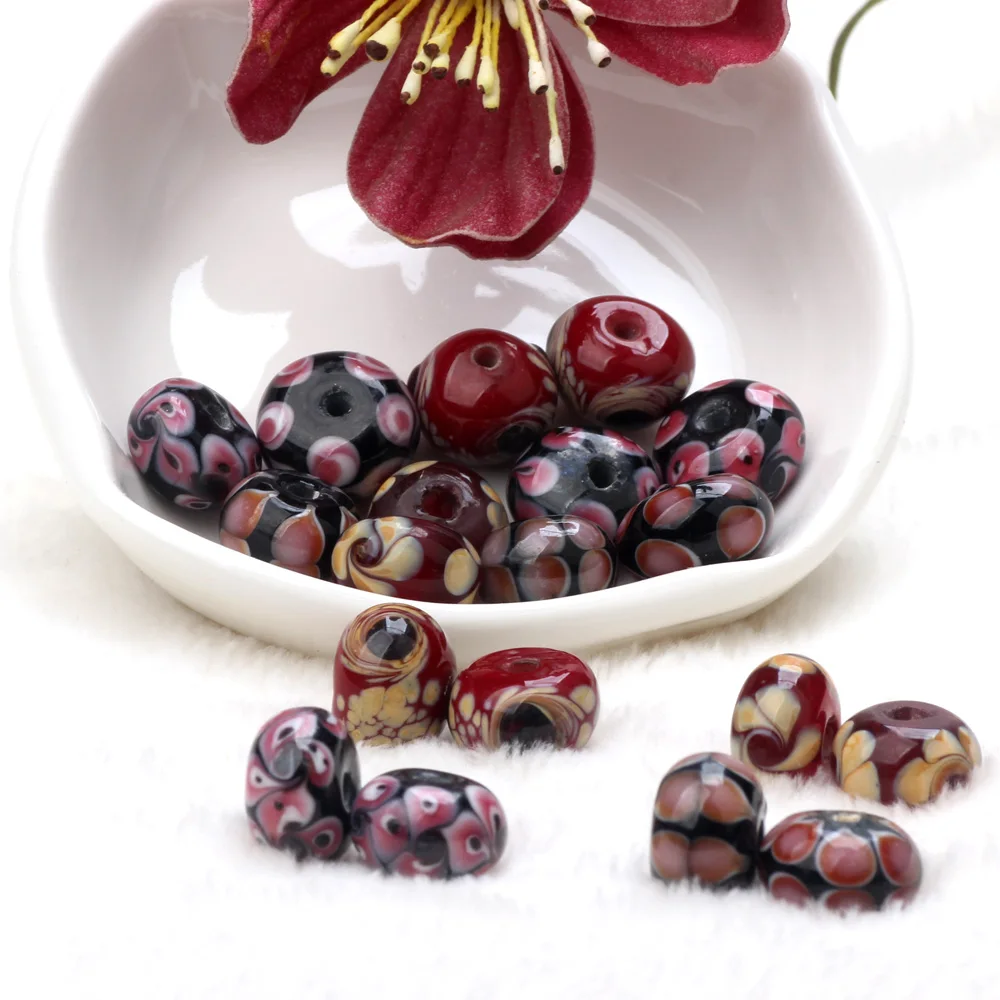 4PCS/Lot Retro Rose Red Hand Drawn Patterns Lampwork Glass Beads For Crafts Charm Bracelets/Earring/Necklace DIY Jewelry Making