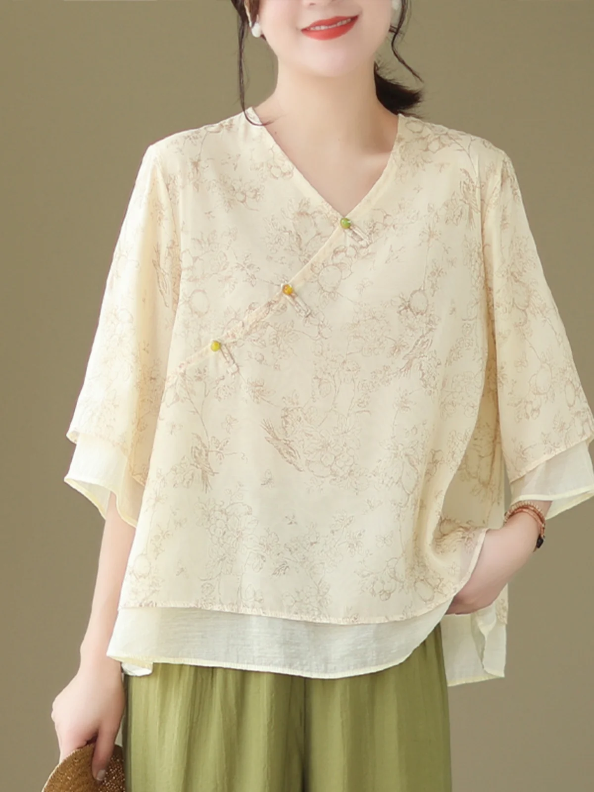 

New Brand Chinese Sle Cotton Linen Women's irt V-ne ort Sve Side Button Tea Costume Loose Fit Regular Length