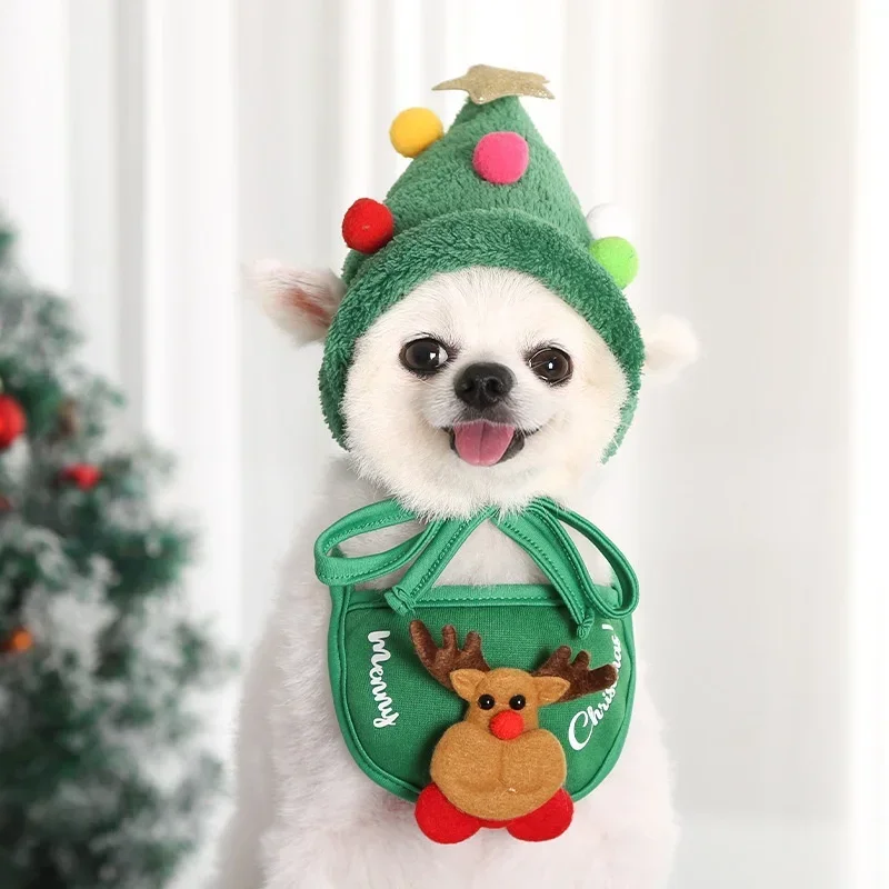 Hat for Dogs Winter Warm Stripes Knitted Hat+Scarf Collar Puppy Teddy Costume Christmas Clothes Santa Dog Costumes