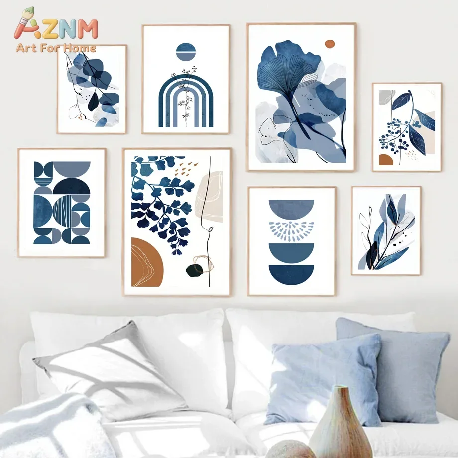 AZNM Boho Blue Abstract Wall Art Canvas Print Modern Geometric Botanical Leaf Frameless Painting For Living Room Bedroom Decor