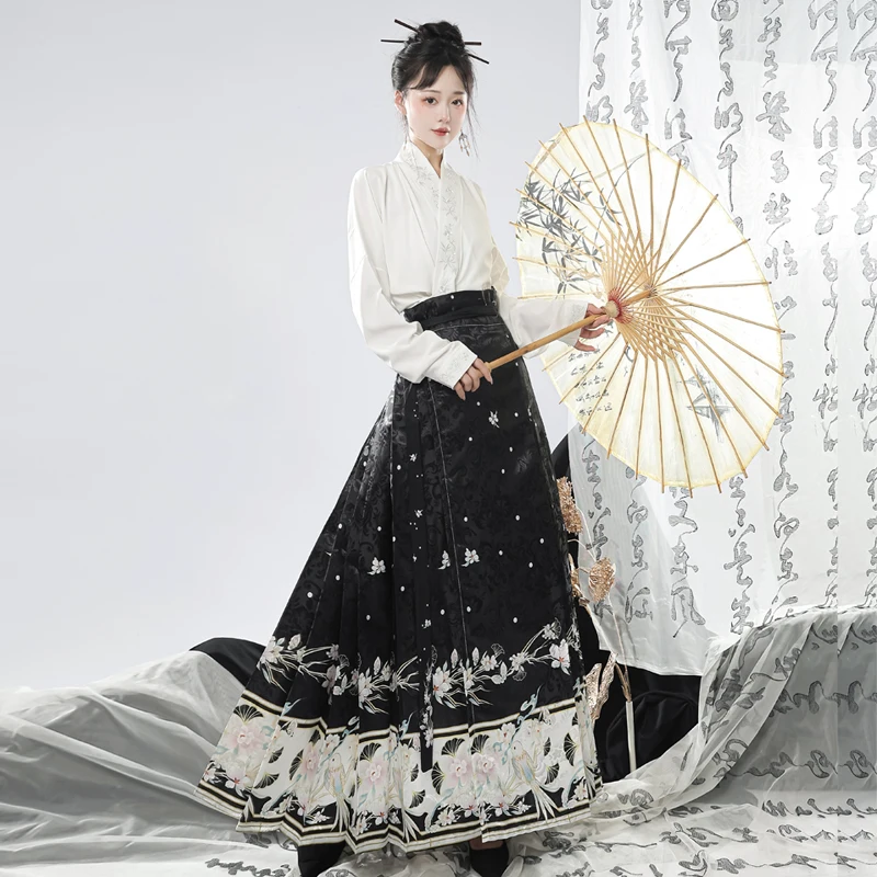 

WATER Horse Face Skirt Modern Black Hanfu Women's Suit Mamianqun Daily Wear Chinese Traditional Ming Dynasty National Style Top