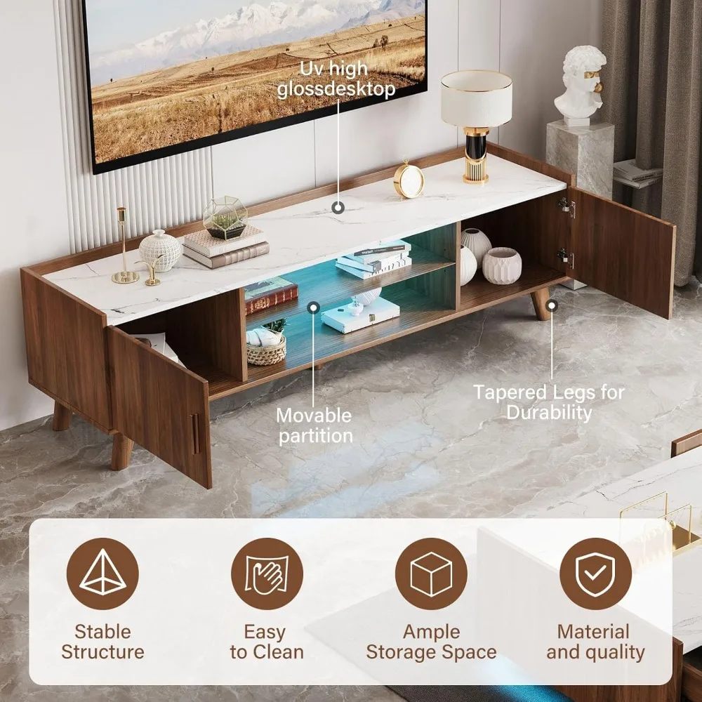 Modern Coffee Table & 65" TV Stand Set of 2, LED Entertainment Center with Power Outlets/Hidden Storage (Walnut Brown Coffee Tab