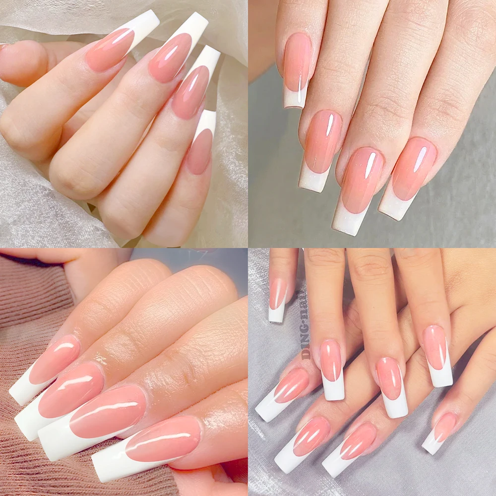 240pcs Oily Sheen Long Square French False Nails High Gloss Pink Wide White-tipped Press On Nails Full Cover Square Fake Nails