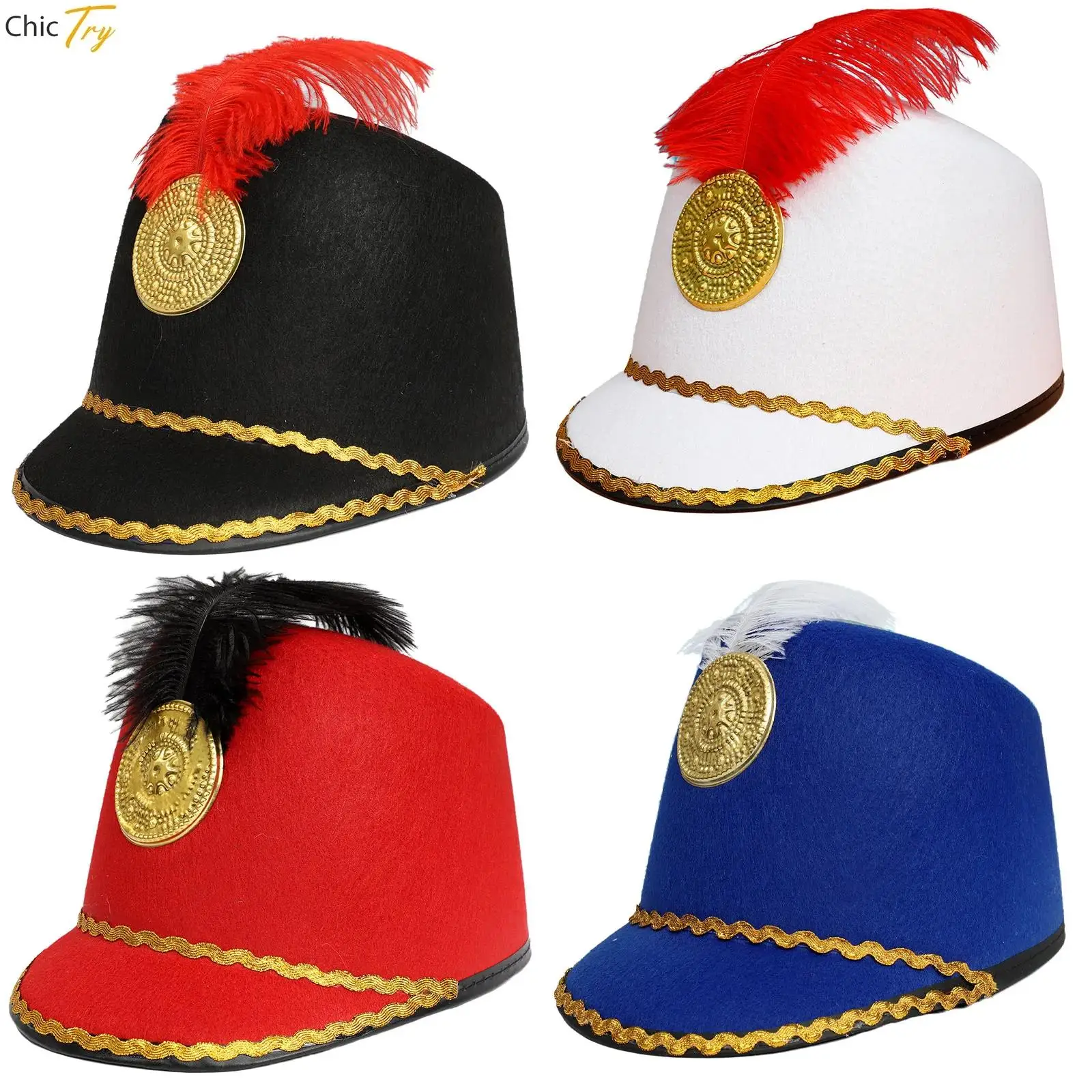 American Marching Band Hat Novelty Uniform Hat Soldier Hat Stylish Feather Hat Circus Cosplay Carnival Festival Fancy Dress Up