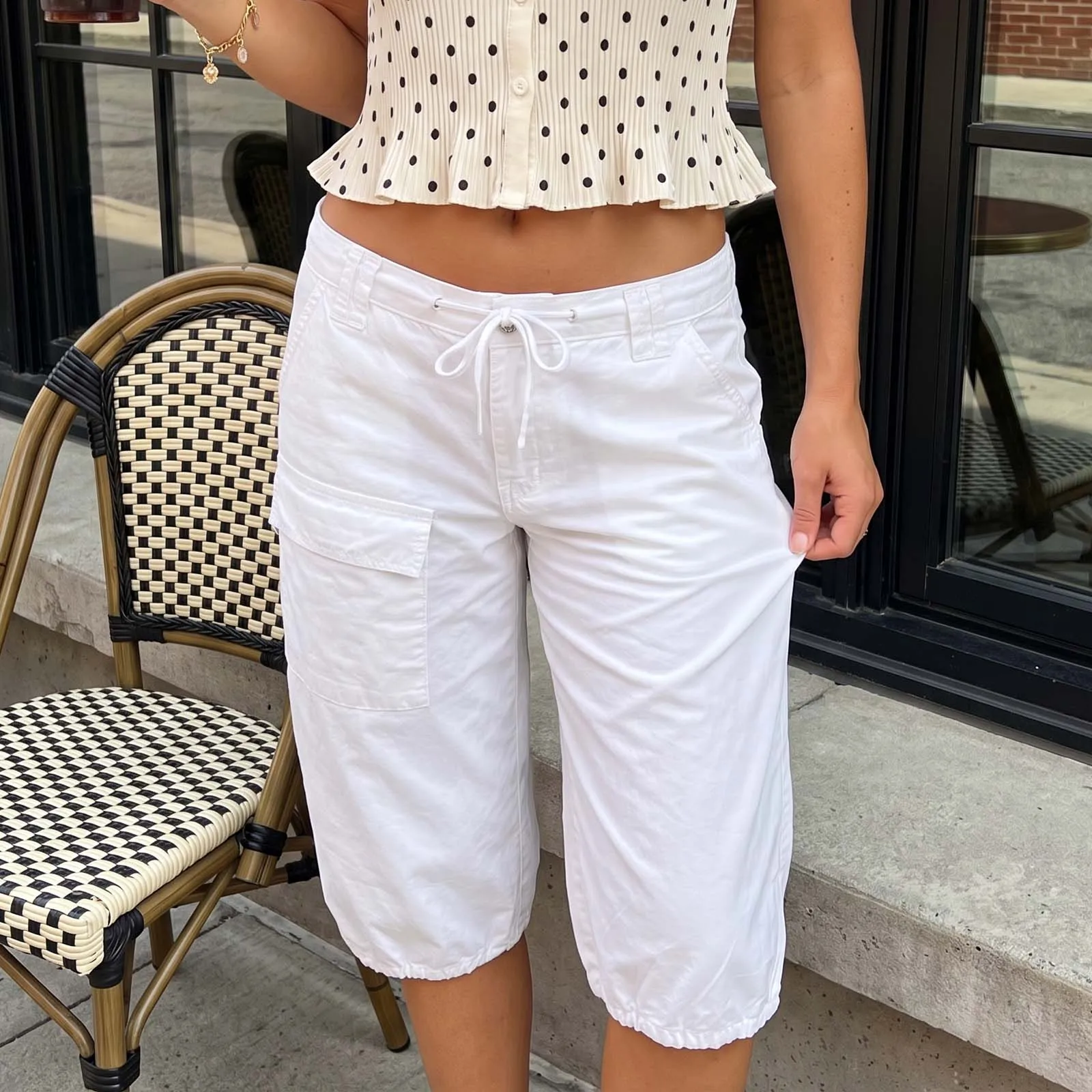Women Summer Wide Leg Capris Casual Solid Color Mid Rise Drawstring Loose Cropped Pants