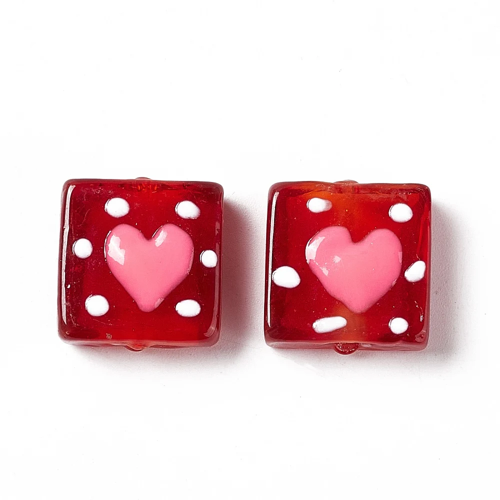 10pcs Heart Pattern Square Lampwork Beads Polka Dot Loose Glass Bead DIY Bracelet Necklace Valentine Jewelry Accessories