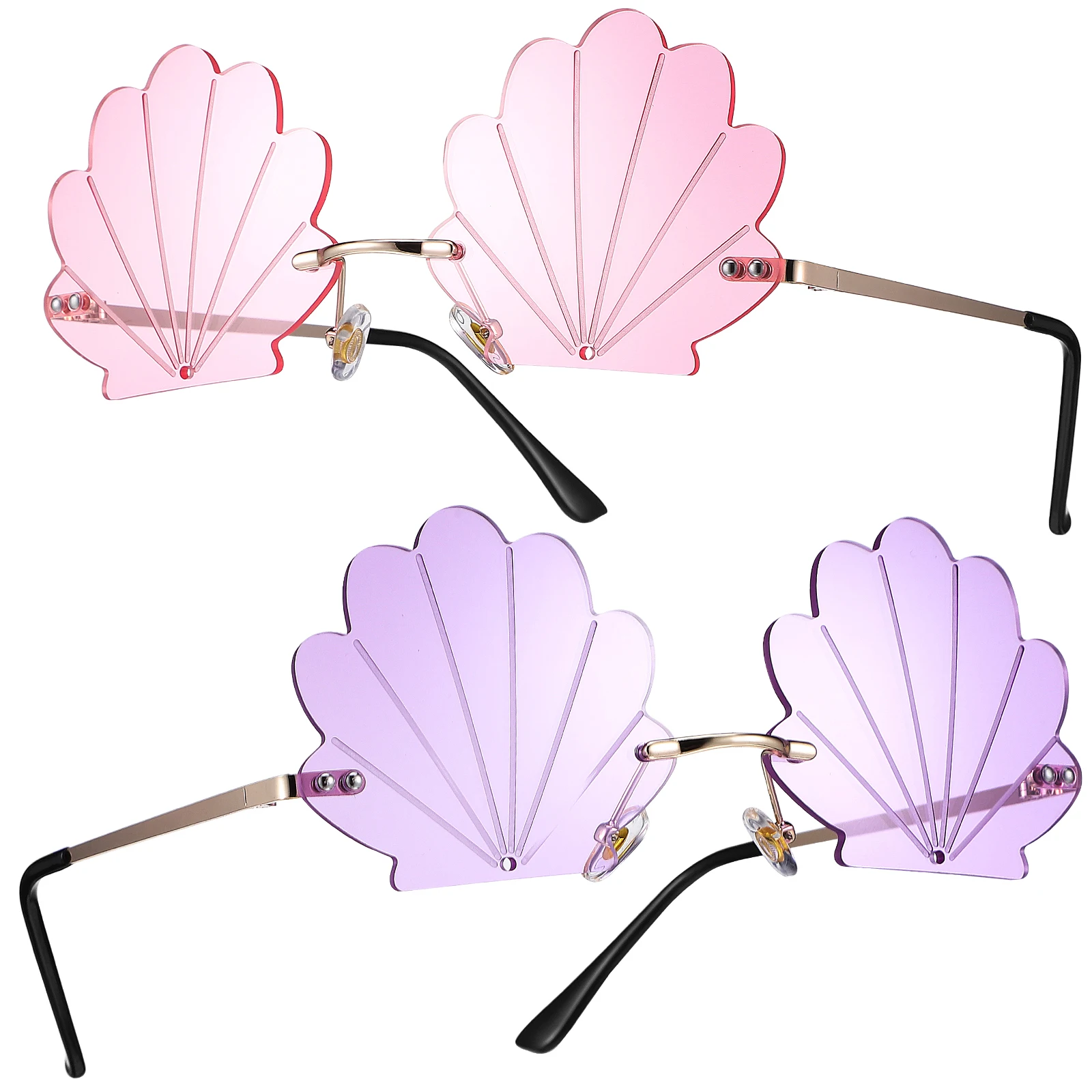 

2Pcs Fashion Seashell Sunglasses Flower Shape Rimless Eyeglasses Retro Shell Grain Ocean Lens Female SunGlasses Party Photo Prop