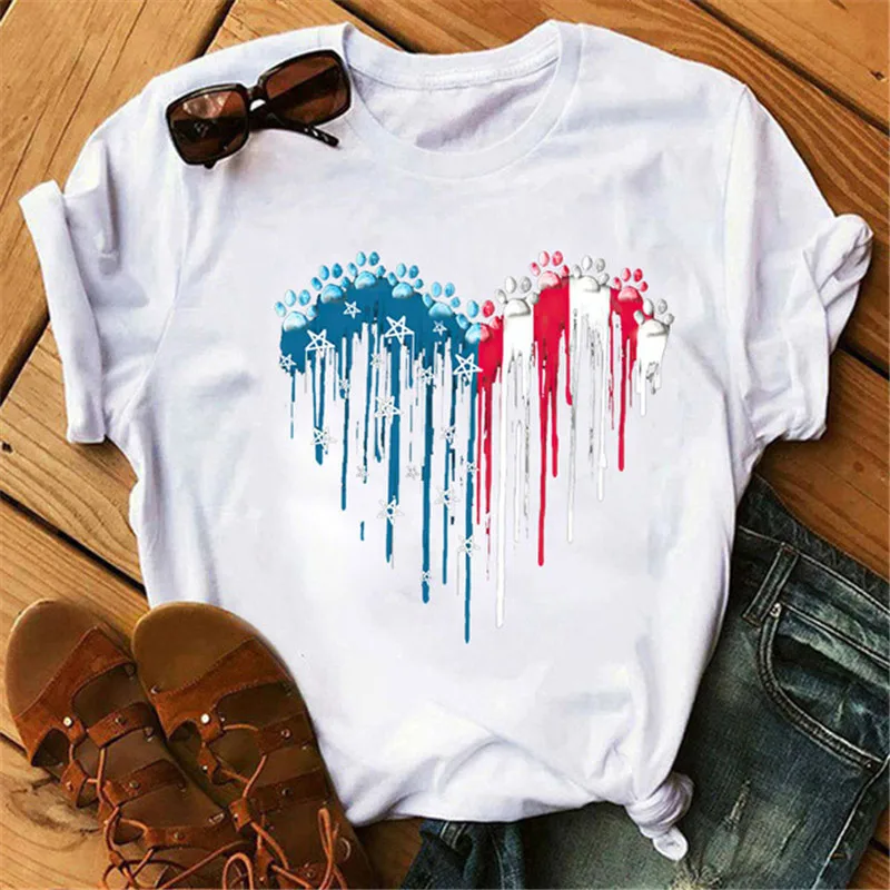 T-shirt grafiche da donna con scollo tondo stampato serie artigli animali a maniche corte