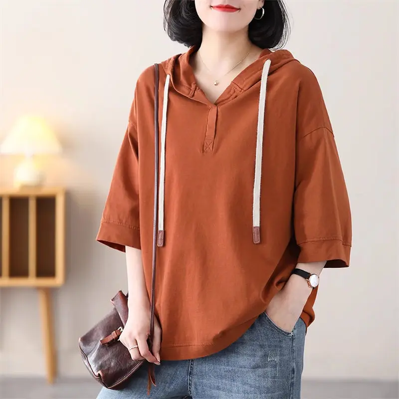 

Large Size Women's Clothing 2023 Summer New Casual Hooded Sweatshirt Versatile Korean Version Loose Slim Short Sleeve Tops Z1471