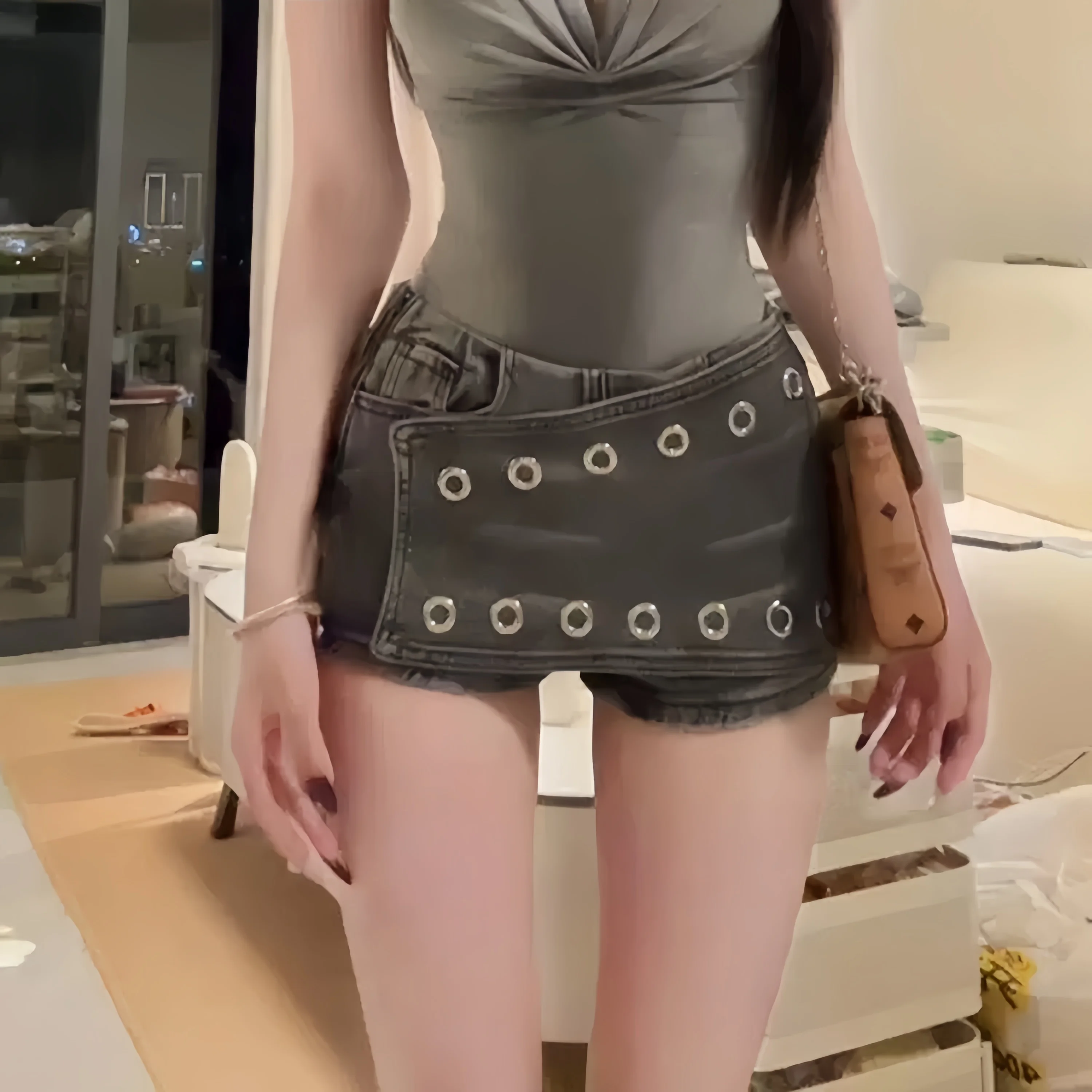 Women's Summer Distressed Fake Two Pieces Rivets Denim Shorts Lady Streetwear Low Waist Slim Denim Short Pants