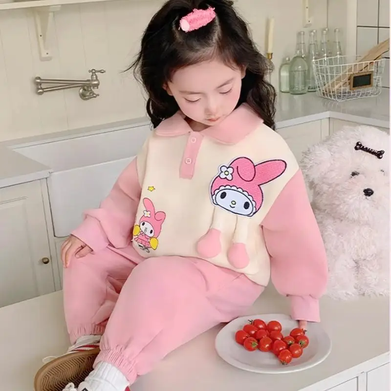

Kuromi My Melody Sanrio Girls Lapel Long Sleeve T Shirt Set Kawaii Cartoon Anime Spring and Autumn New Sweatshirt Pants Casual