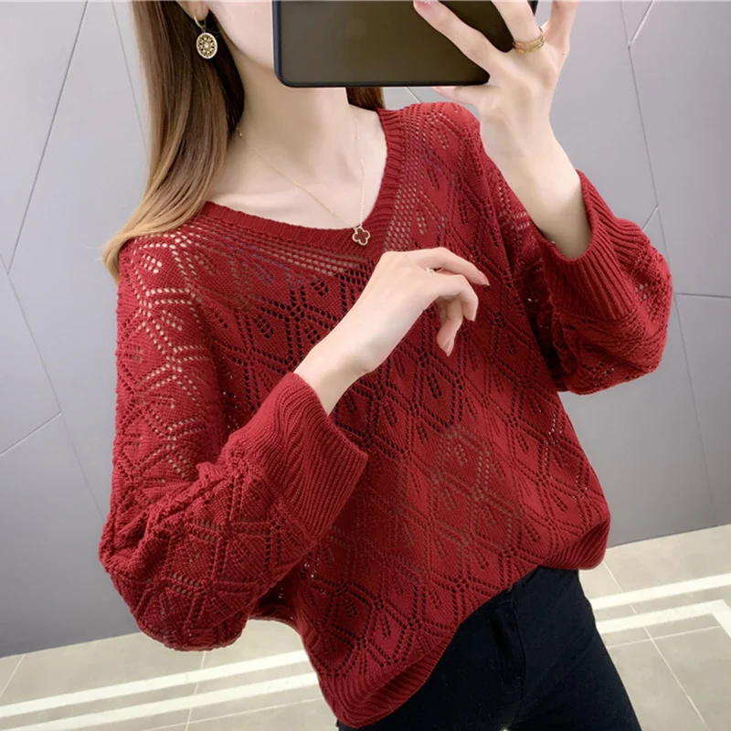 Three Quarter Sleeve V-neck Sweet Elegant Knitting Solid Casual Sweater Hollow Out Ladies Top Women Clothing Korean See-through