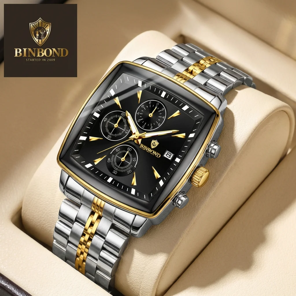 4pcs Men's Black & Gold-Silver Stainless Steel Luxury Chronograph Date Gold Accents Sunglasses Perfume Quartz Watch Gift Set