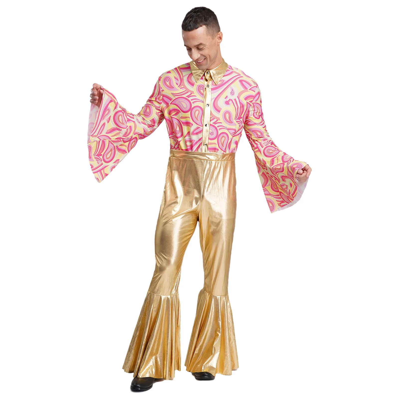 

Men's Flashy Disco Jazz Party Dance Jumpsuit Flared Sleeves Stylish Printed Bodice Metallic Bodysuit for Halloween Theme Party