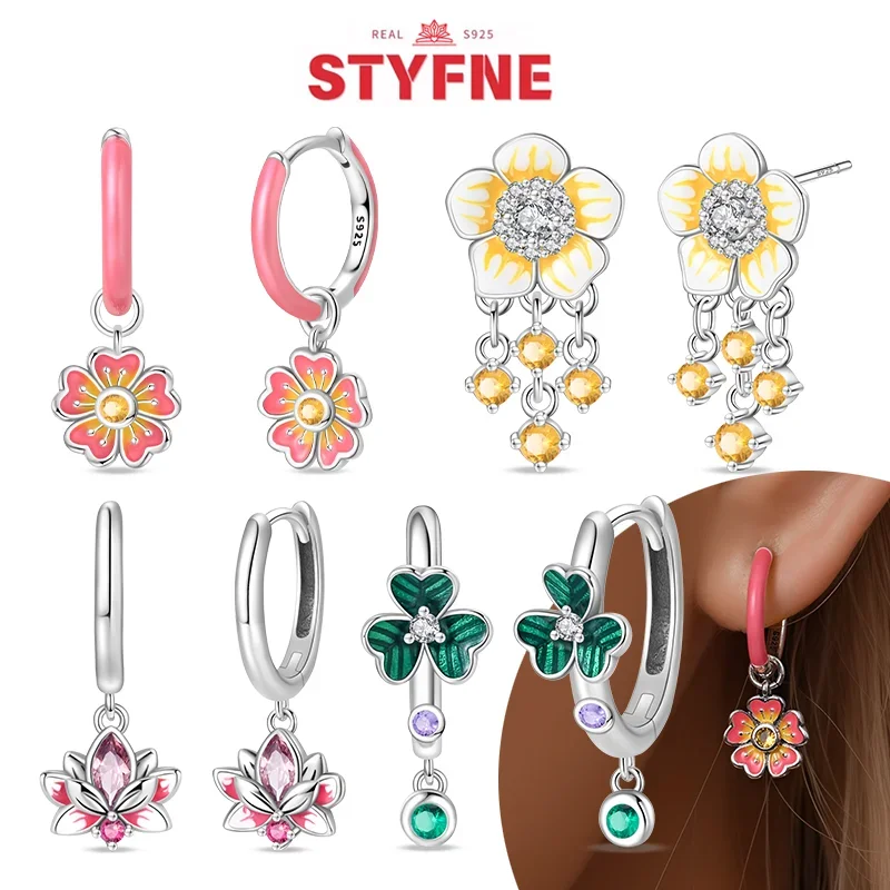 

Trendy Earrings Silver 925 Lotus Lucky Grass Pink Flower Hoop Earrings for Women Birthday Party Fine Jewelry Gift Daily Matching