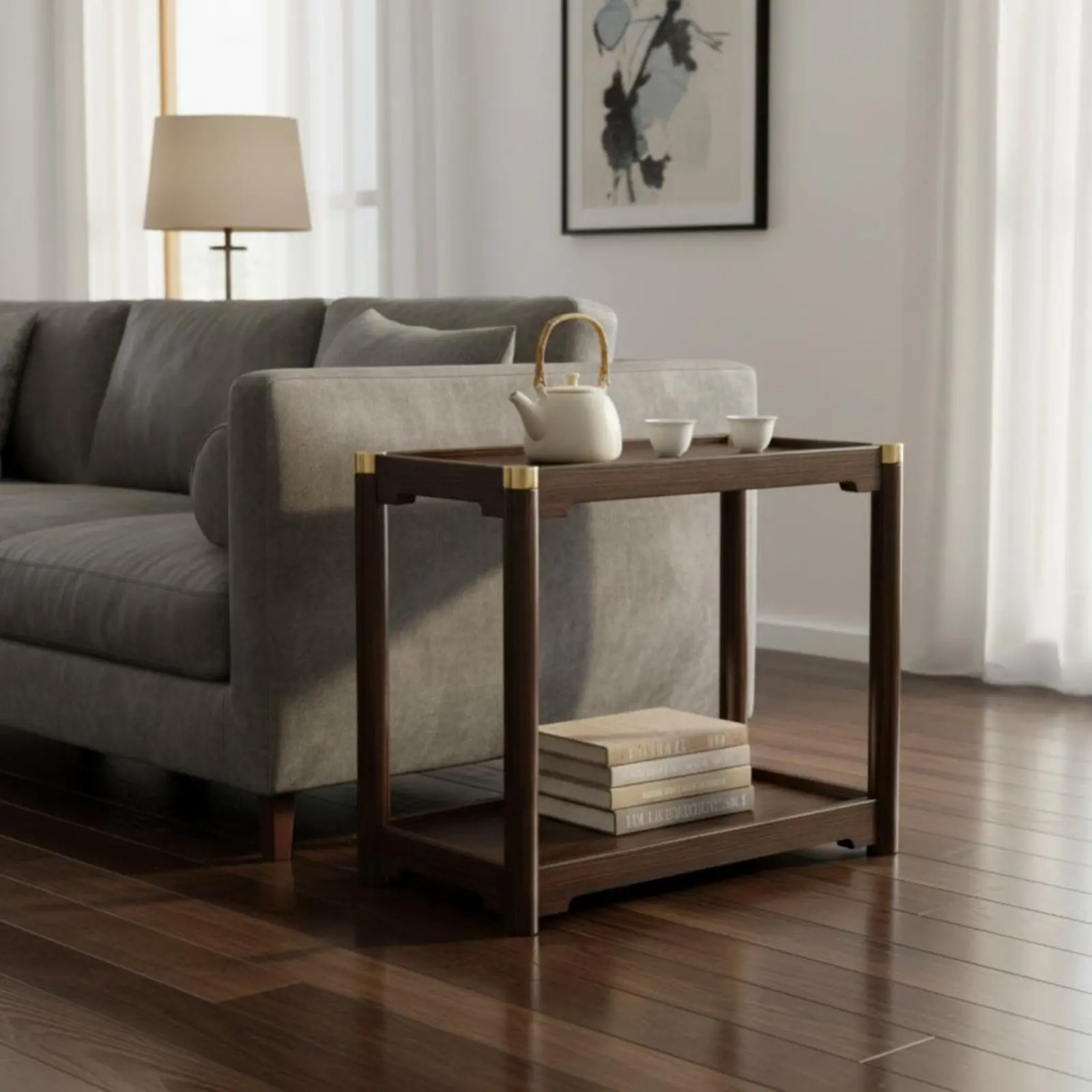 Wheeled Side Cabinet Modern Chinese Aesthetic Tall Storage End Table Mobile Design Open Shelf for Apartment Dwellers view 5