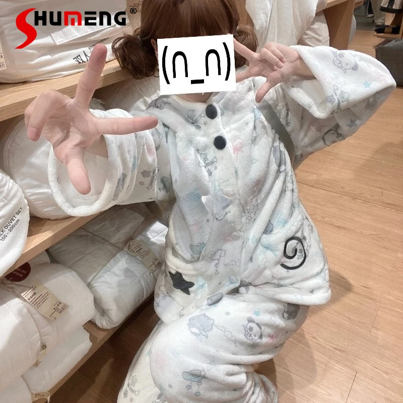 

Теплые осенне-зимние пижамы с героями мультфильмов для девочек, женские милые свободные пижамы в японском стиле, женские уличные милые костюмы для дома