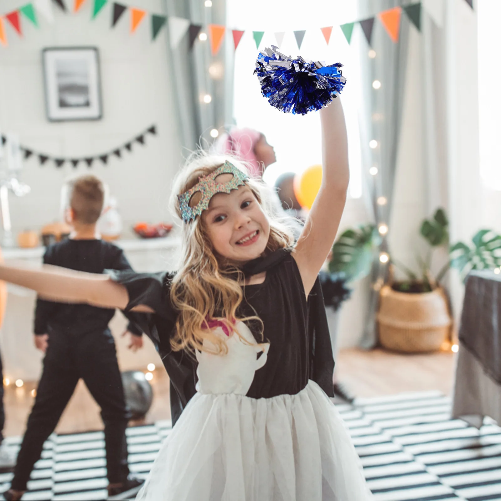 

Cheerleader Flower Blue and Silver Pom Poms Cheerleading Holding Flowers