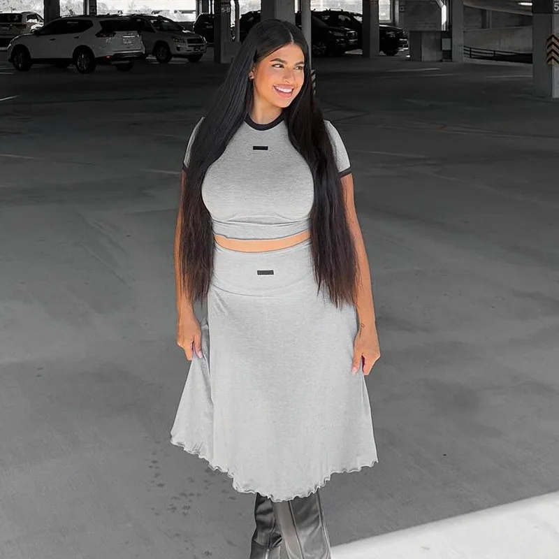 

Europe and the new spring fashion women's round neck short sleeve short skirt suit women's long skirt