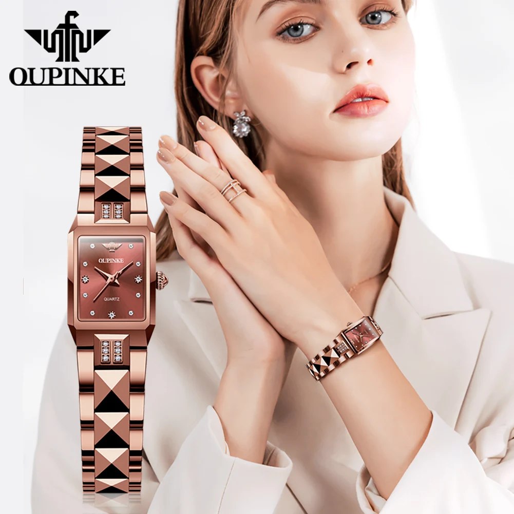 OUPINKE Luxury Watch For Woman Rose Gold Tungsten Steel Diamond Ladies Quartz Watch Waterproof Women Watches reloj para mujer