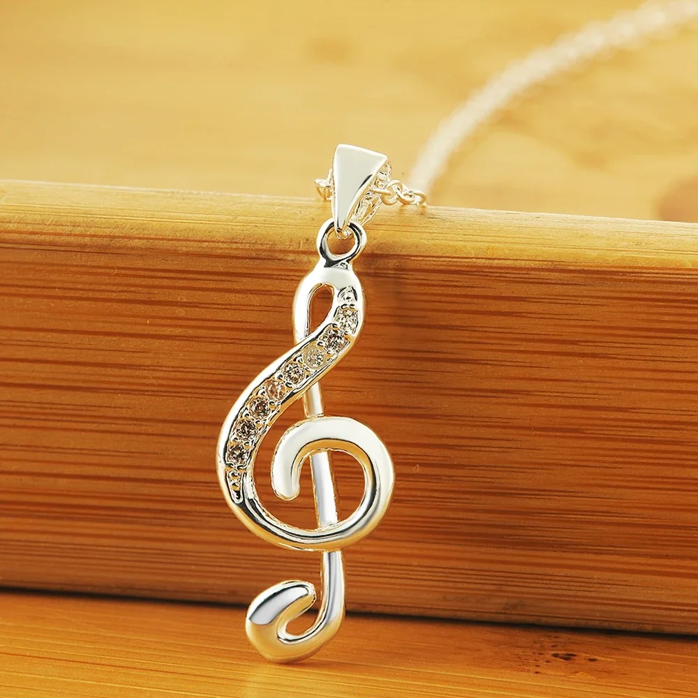 925 Sterling Silver Necklace 18 inch 45CM crystal Elegant musical note  For Women high quality Fashion Jewelry Christmas Gift