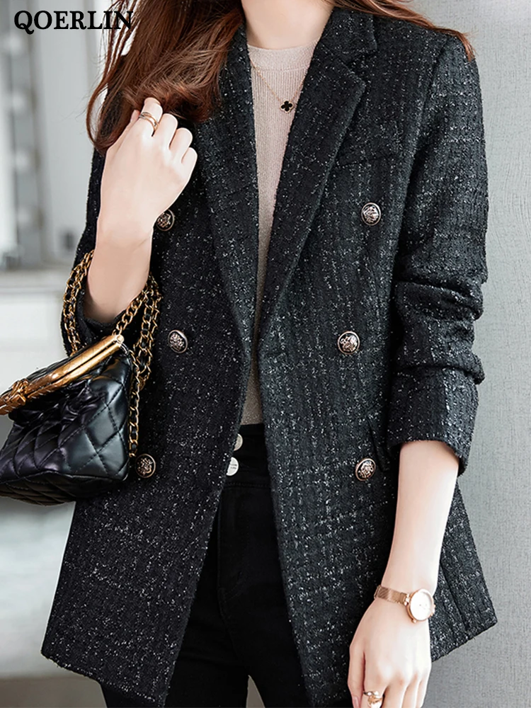 QOERLIN 5XL Women Winter Tweed Blazer Jacket Coat Thick Warm Long Sleeve Slim Elegant Casual Outwear Double-Breasted Overcoat