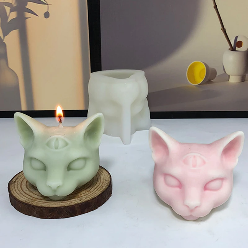 3 つの目猫ヘッドシリコーンキャンドルモールド 3D 動物石鹸石膏樹脂
