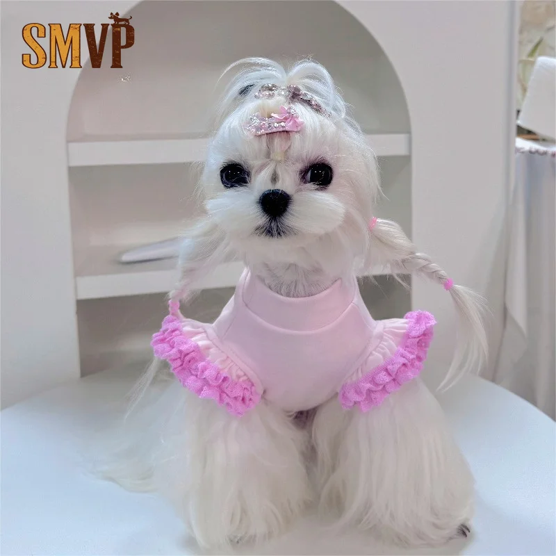Pink Cotton Fly Sleeve Dog Top Ruffle Lace Trim Sweet Cute Pet Pullover Shirt Soft Breathable Spring Daily Clothes for Dogs