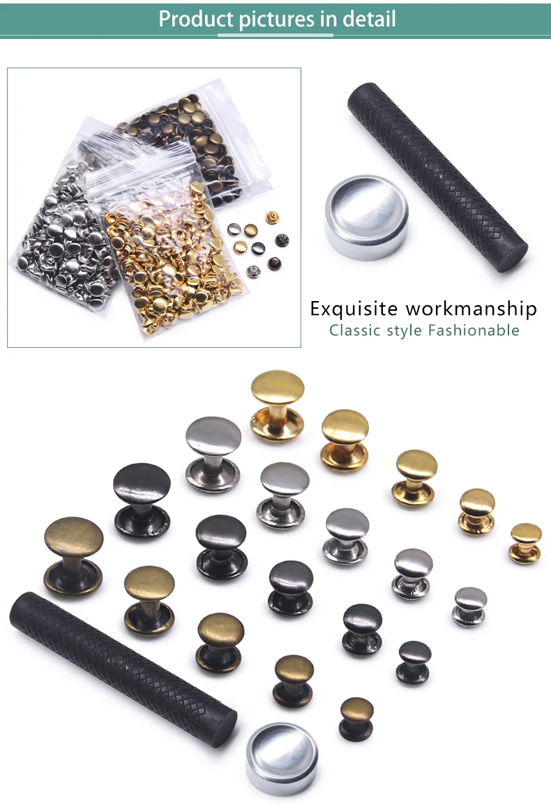 Neue 100sets 5/6/7/8/9mm Messing Metall Doppel Kappe Nieten Studs Runde niet Für Leder Handwerk Tasche Kleidungsstück Handgemachte DIY Zubehör – Detail 2