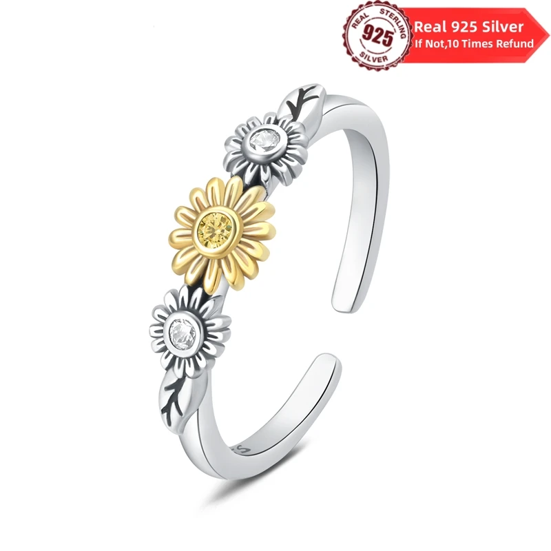 Real 925 Sterling Silver Shiny Daisy Gorgeous CZ Finger Rings Women's Ring For Women Wedding Couple Gifts Charms Jewelry