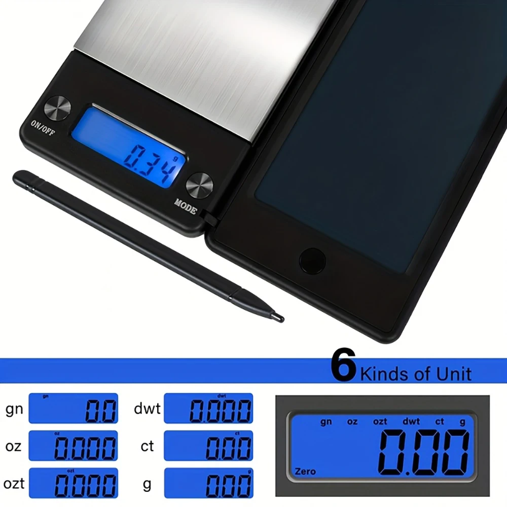 2-in-1 Portable Digital Pocket Scale with LCD Writing Tablet 0.01g High Precision 6 Units Jewelry Kitchen Scale