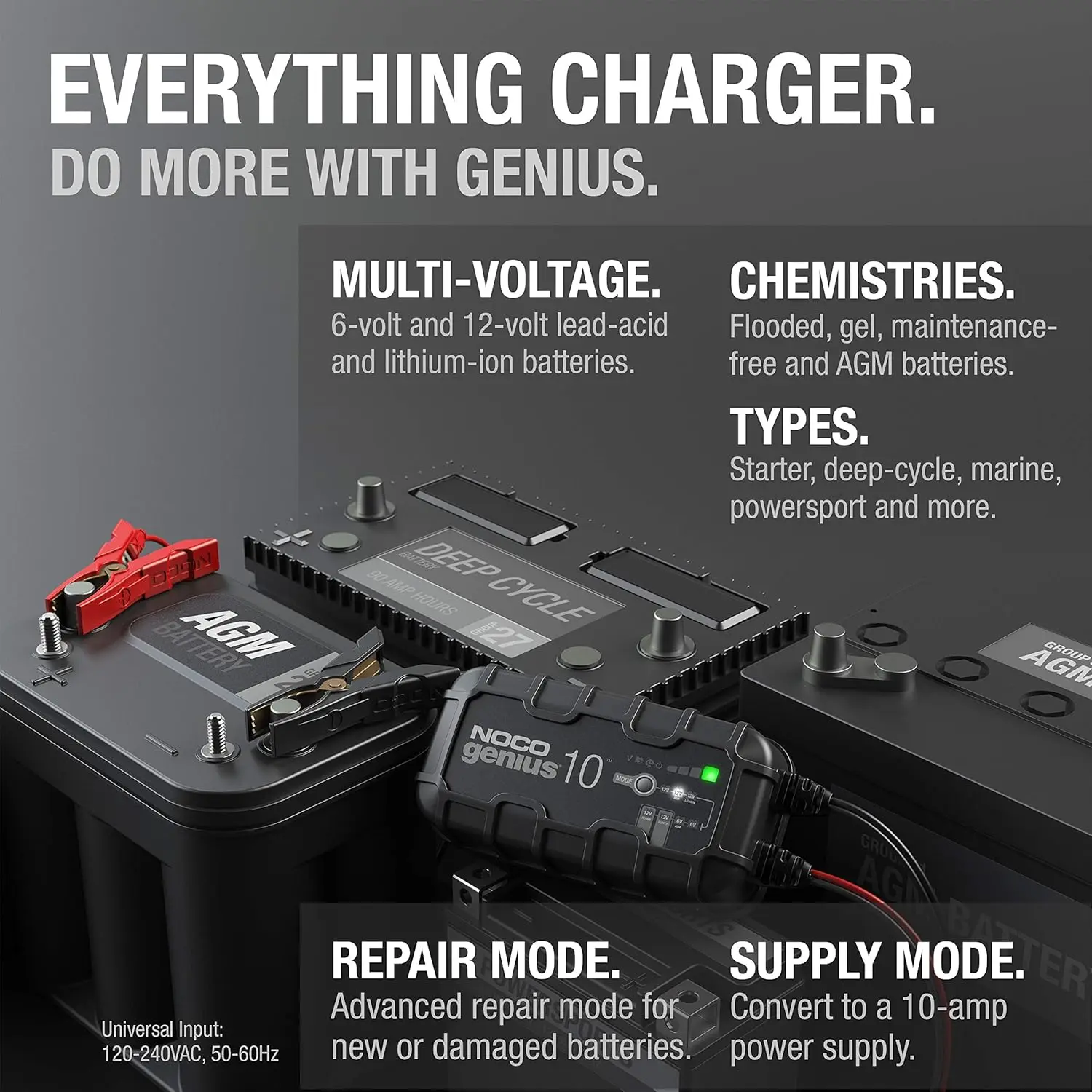 GENIUS10, 10A Smart Car Battery Charger, 6V,Float Charger and Desulfator for Motorcycle, ATV, Lithium and Deep Cycle Batteries