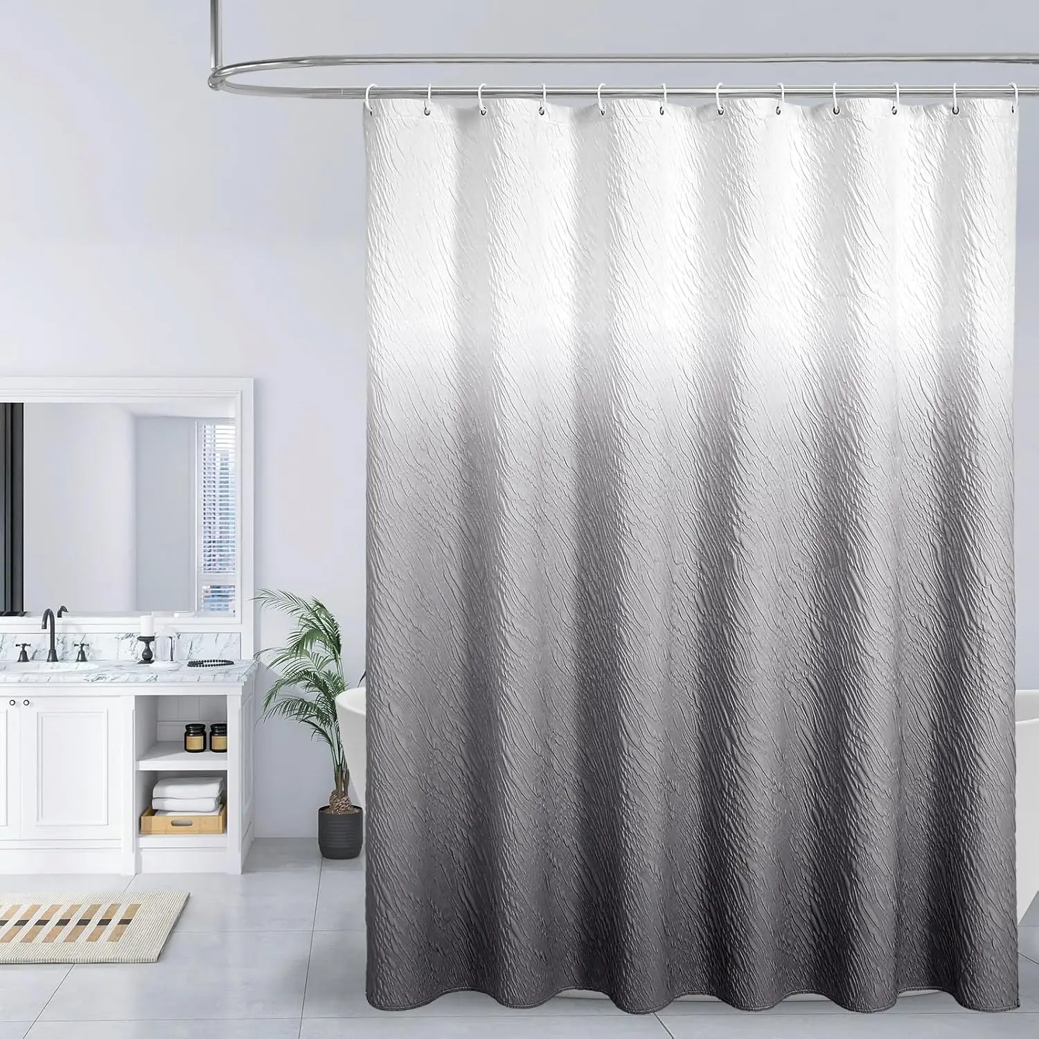 

Grey Ombre Shower Curtain, Farmhouse Waves Fabric Shower Curtains for Modern Hotel Bathroom Decor, 3D Geome ic Embossed