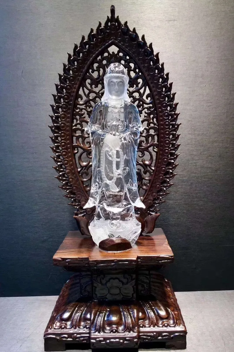 Natural white crystal Guanyin ornament, kind face and meticulous face, ebony  base