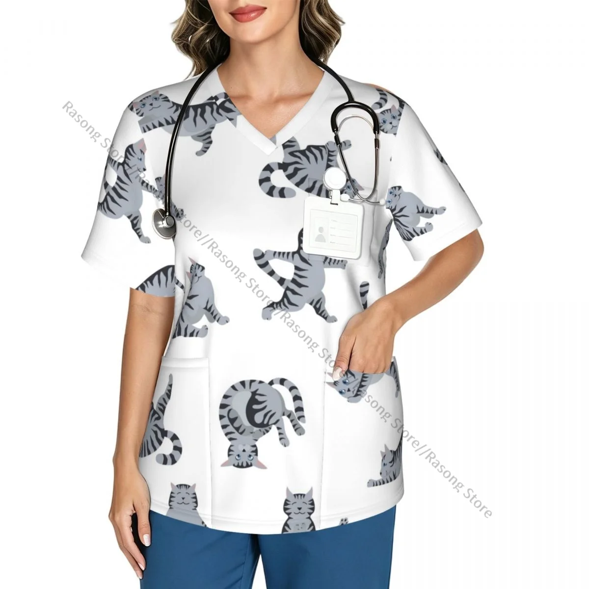 Women Scrubs Blouse Medical Nurse V-neck Clinical Scrubs Top Cats Yoga Operating Room Work T-shirt