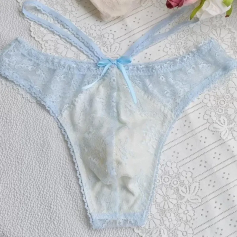 Lace Embroid Sheer Sexy Thong Man's  T-back Panties Low Waist Bow Bondage Designer Dance Private Party DJ Club Bar FKK G-string