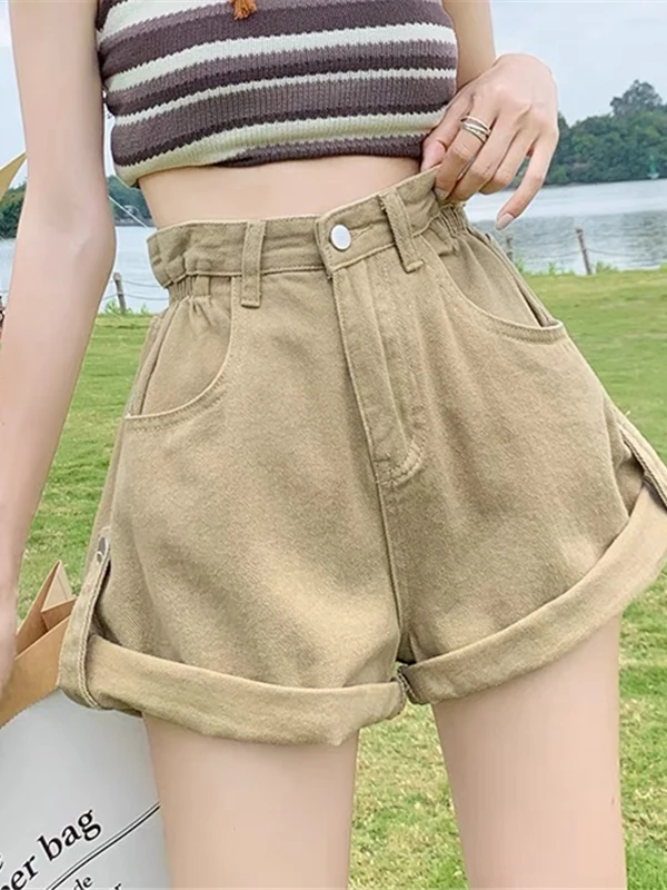

High Waist A-Line Wide Leg Shorts Women's Summer Thin Loose Fit Denim Shorts High Waist Design Sensation Roll Jeans Shorts