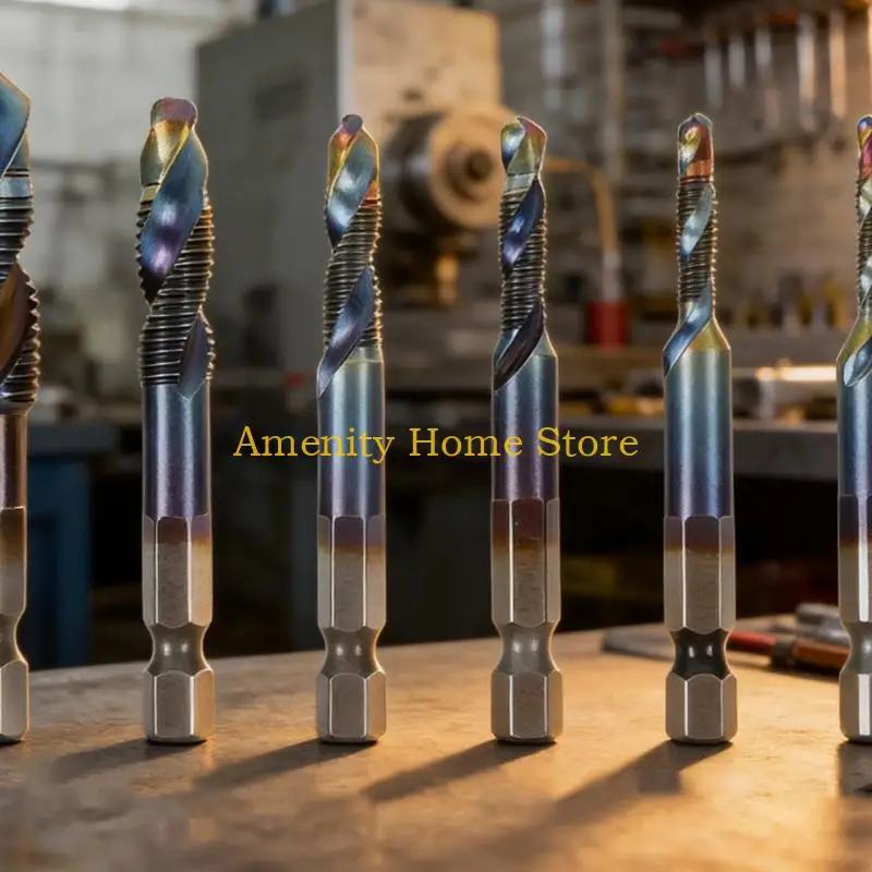 F26C 12Pcs High-Speed Steel Drill Tap Bits with Coated Finish, Helical Grooves and Six-Sided Stems for Drilling and Thread