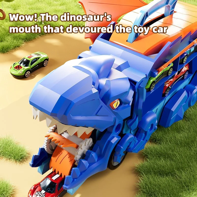 Sliding Tyrannosaurus Rex Dinosaur Eating Track Vehicle Toy, Transforming Track Alloy Car, Boy's Birthday Gift, Tabletop Game