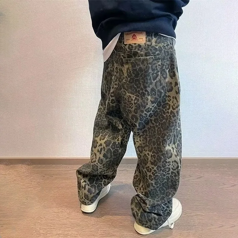 Men Loose Casual Y2k High Quality Jeans American Stylish Leopard Trouser Designer Harajuku Denim Pants Youth Popular Oversize