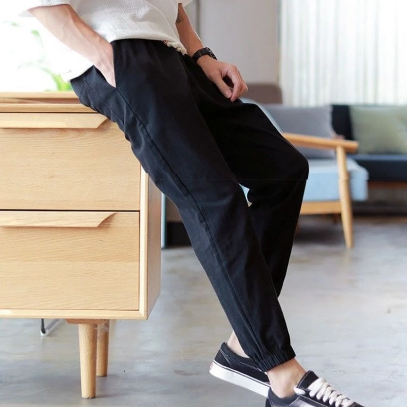 Летние облегающие льняные повседневные брюки, мужская мода, оригинальная одежда 2024, новые винтажные укороченные брюки в корейском стиле Y2k для мужчин