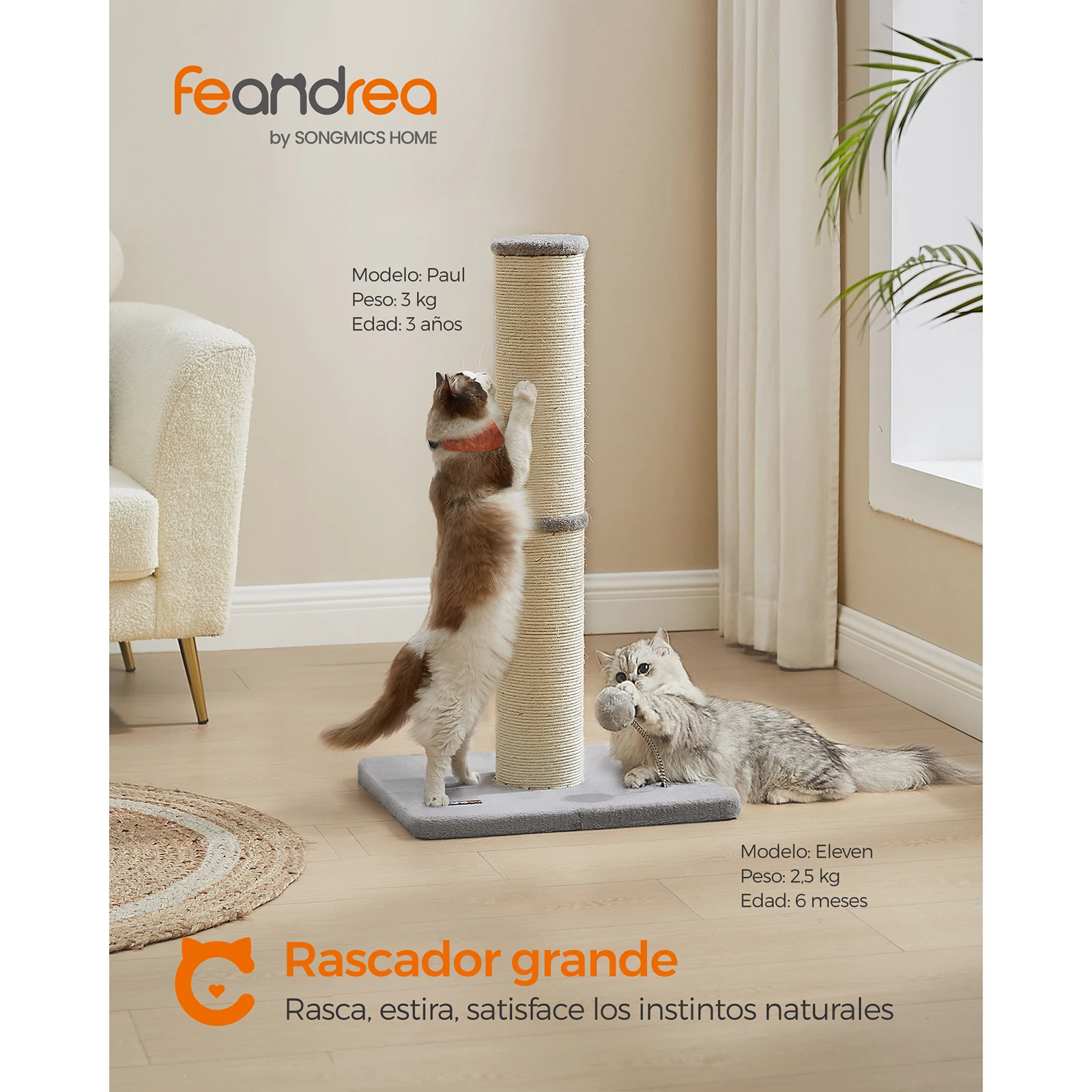 Feandrea Cat Scratching Post: 85cm Tall for Medium/Large Cats, Sisal Scratch Pole, Spring Pompom with Bell, Dove Grey.