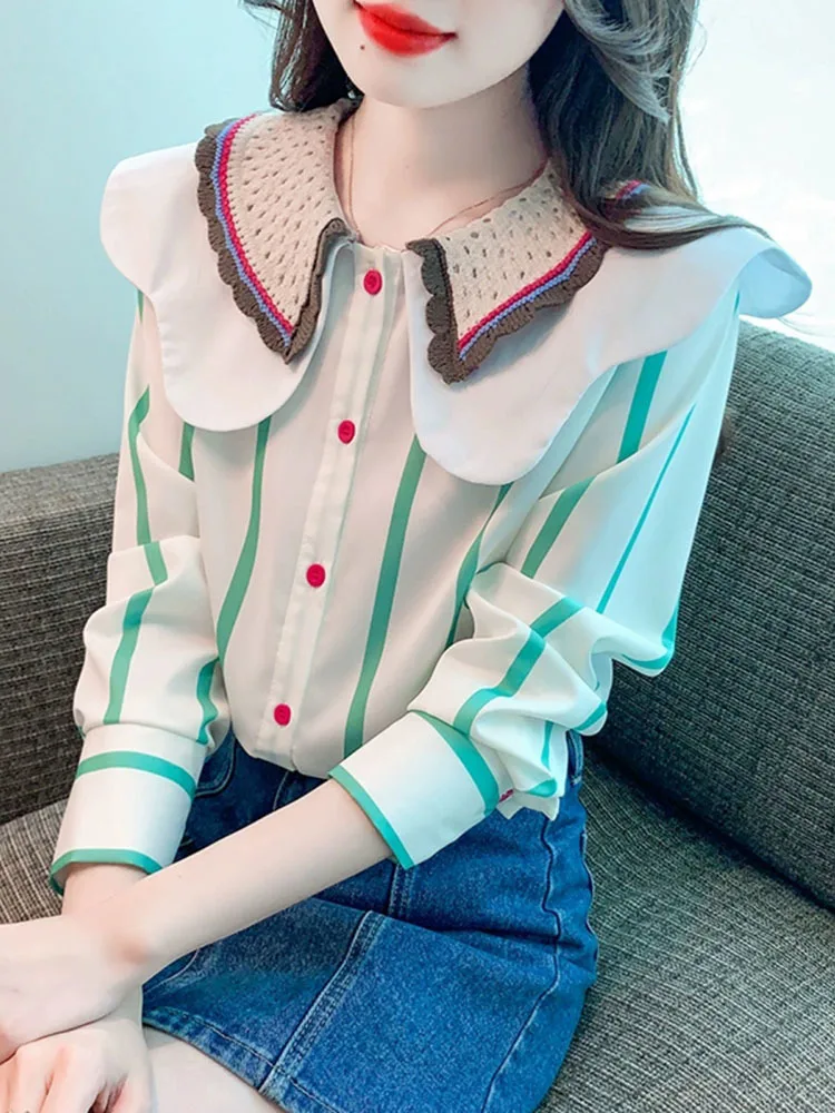 2024 Early Spring New College Style Lace Lapel Striped Long-sleeved Women Shirt