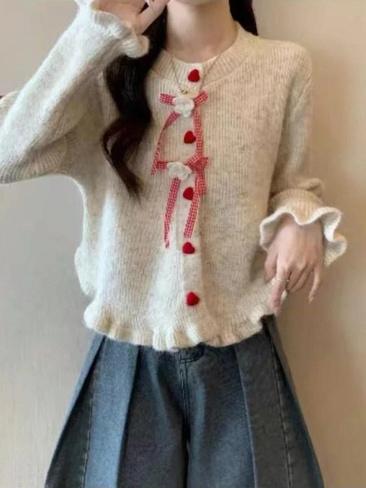 

2025 New Preppy Knit Cardigan Women Detachable Bow Tie Sweater Coat Elegant Cardigan Sweaters Streetwear Tops Autumn Winter Wear