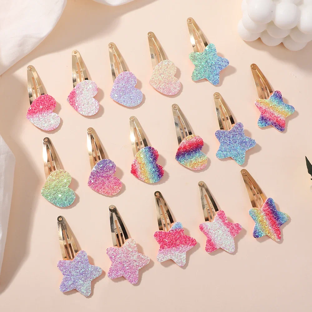 RAINBOW BOWS 16 Stück geometrische Glitzer-Tröpfchen-Haarspange, bunte Farbverlaufsfarbe, für Kinder, Pony, BB-Legierung, Haarnadeln, Mädchen-Kopfclips – Detail 14