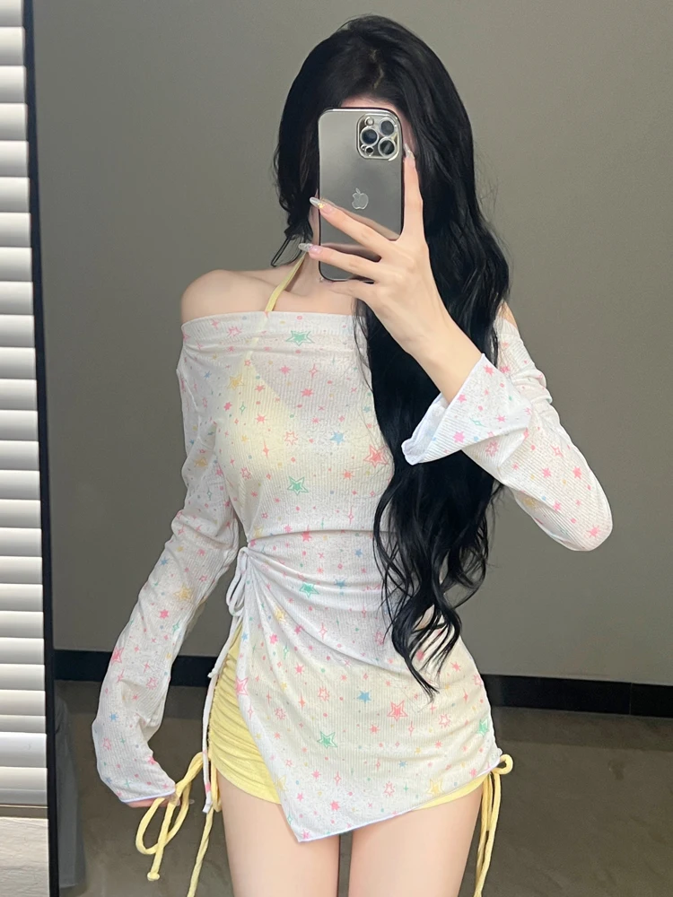 

2025 New Women's Swimsuit High-End Long Sve Cover up Bikini Bot Tee Piece Set Small Chest Pure Desire Vaion Hot Sp...