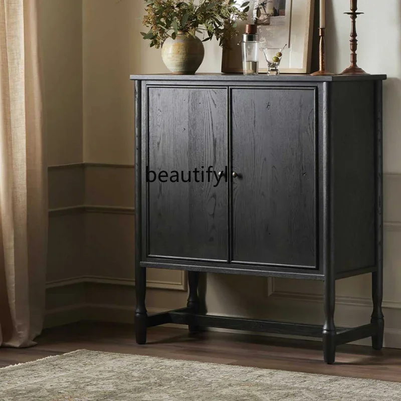 Small Wine Cabinet American Retro Solid Wood Dining Edge High Cabinet Black Living Room Storage Entrance Cabinet